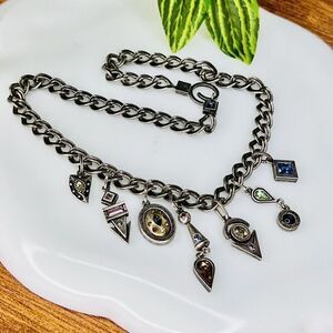 Patricia Locke Pewter Multicolor Glass CZ Chain Necklace Dangle Bib Pendant 1339